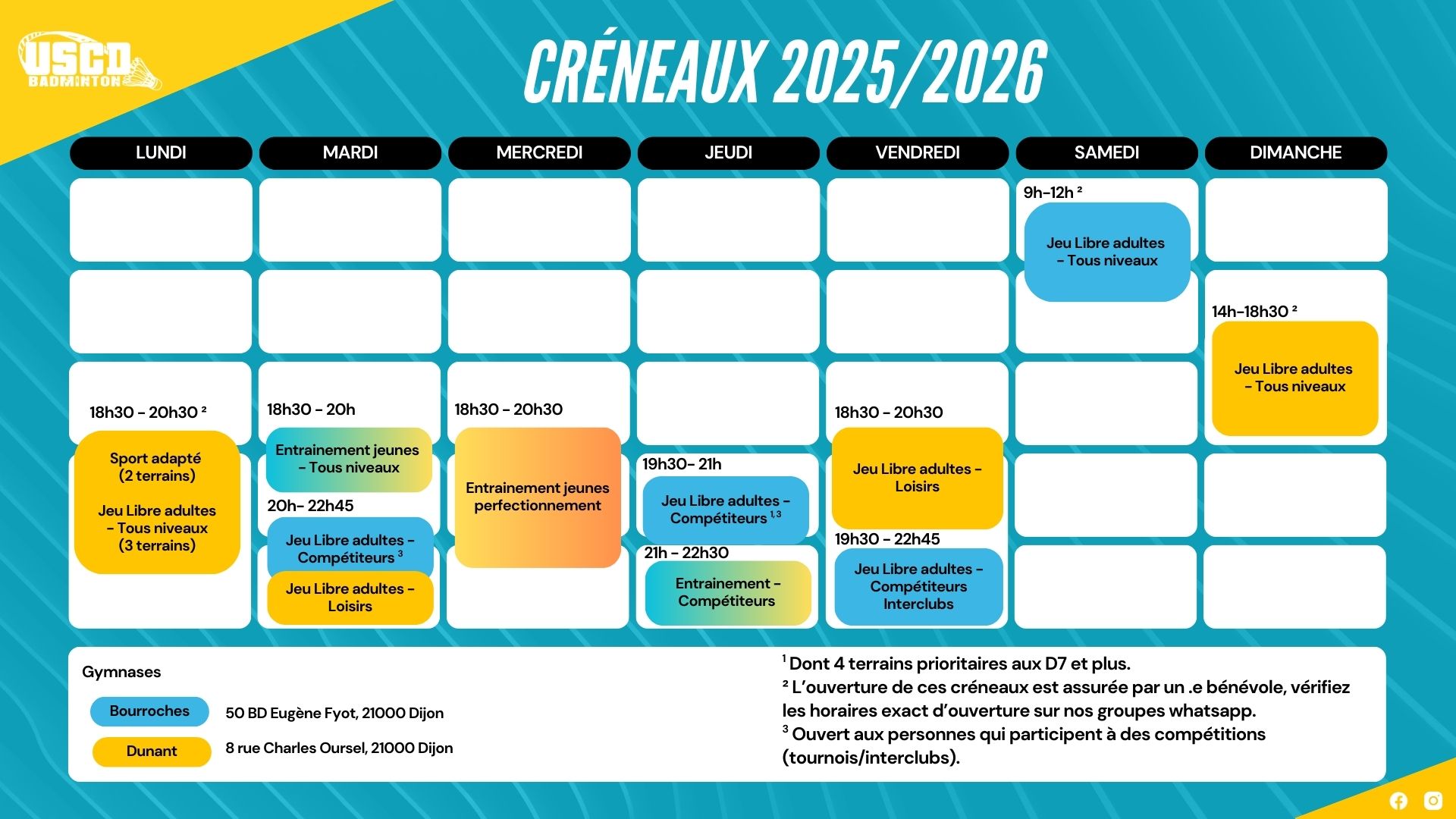 Planning des créneaux de jeu de l'USCD badminton Dijon 2025/2026